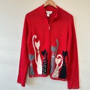 Coldwater Creek Red Cat Pattern Zip up Cardigan